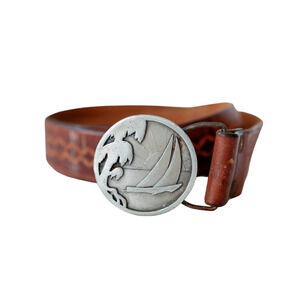 VTG 1977 Indiana Metal Craft Nautical Buckle Tooled Leather Belt Sunset Sailboat